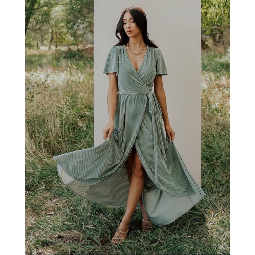 Andi Ribbed Velvet Wrap Dress by Baltic Born in the color Dusty Sage Size M NWOT